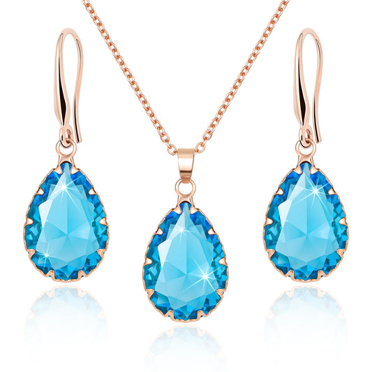 Linawe Lab Created Aquamarine Blue Jewelry Sets for Women, Rose Imitation Gold Plated Pendant Necklace and Earring Set, Fake Birthstone Crystal Imitation Diamond Necklace Set, Rhinestone Teardrop Jewelry Set