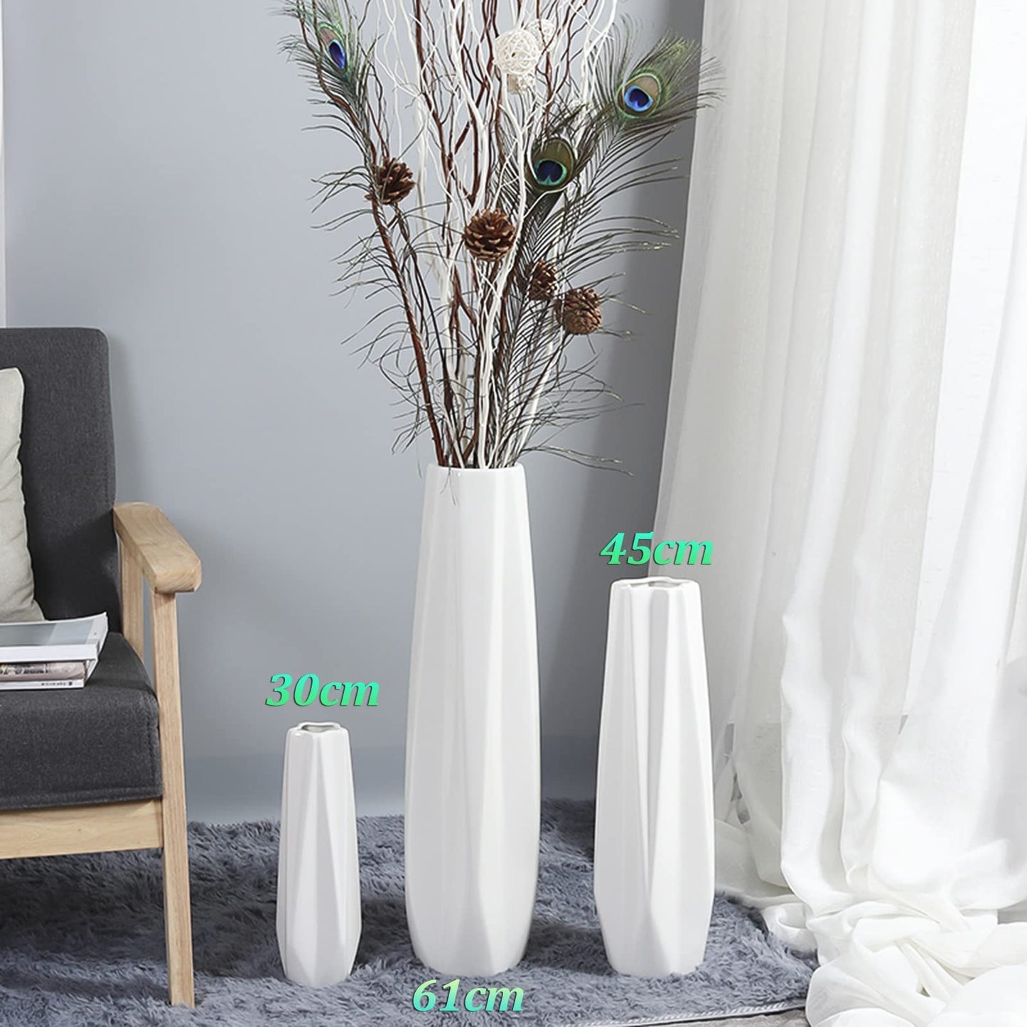 UWYTGF Floor Vase Ceramic Vase,Decorative Large,Floor,Large Floor Vase,White Ceramic Vase,Handcrafted,Sophisticated Vessel for Decorative Branches and Dried Flower,White-45Cm,White,30cm