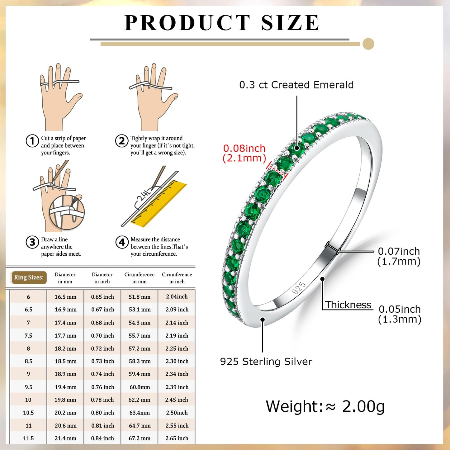 AGRULE Emerald Wedding Band Ring for Women May Birthstone Ring Sterling Silver Half Eternity Band Rings Green Anniversary Ring, Size 7