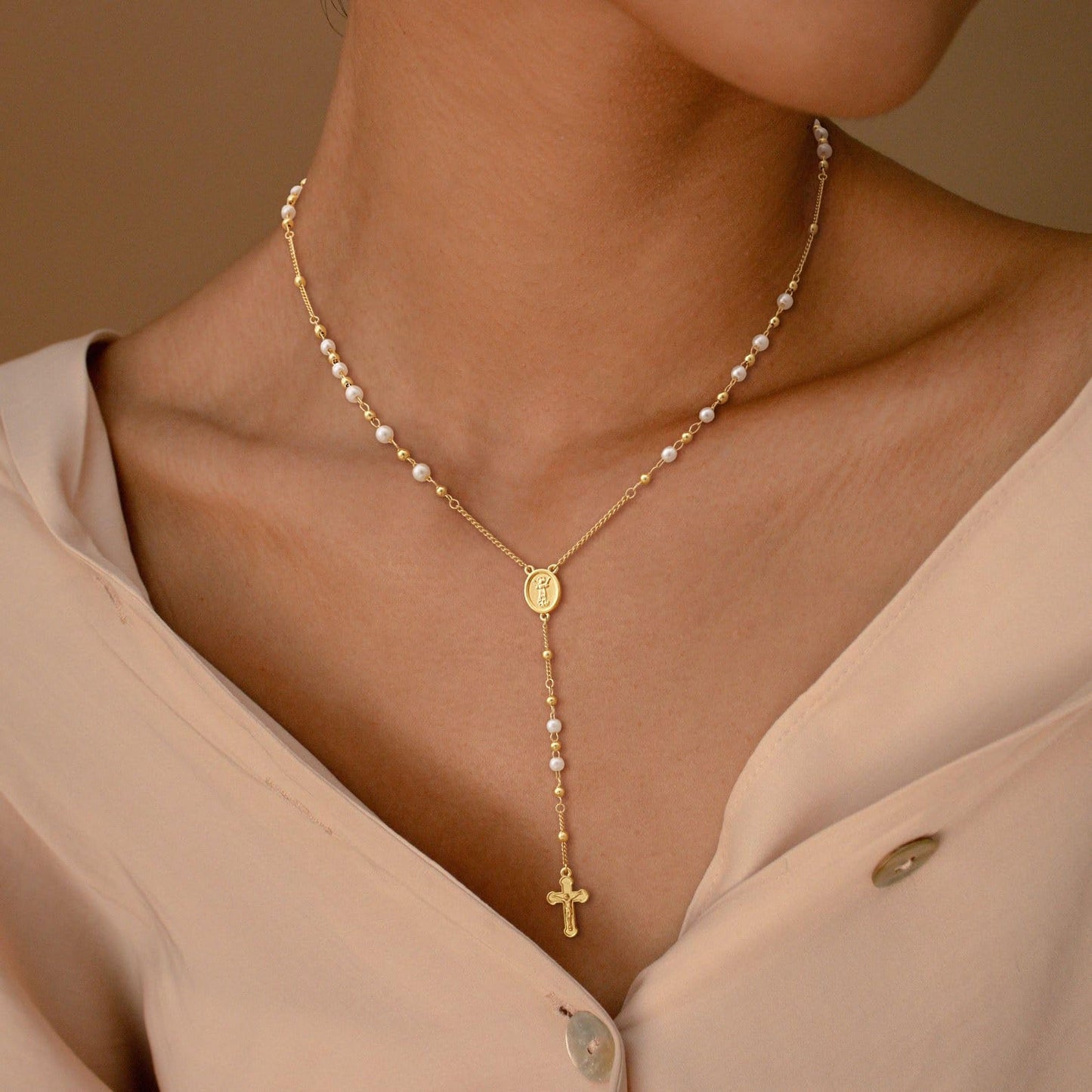 CHESKY Cross Necklace for Women Trendy, Dainty Long Gold Plated Y Shaped Pearl Necklace for Womens Simple Virgin Mary Jesus Pendant Necklace Gold Jewelry Gifts