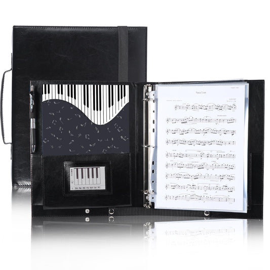 Choral Sheet Music Folder Organizer: 3 Ring Piano Music Binder with Plastic Sleeves - PU Leather Choir Folders with Hand Strap Elastic Band Fits Letter Size 8.5 x 11 inch, Black