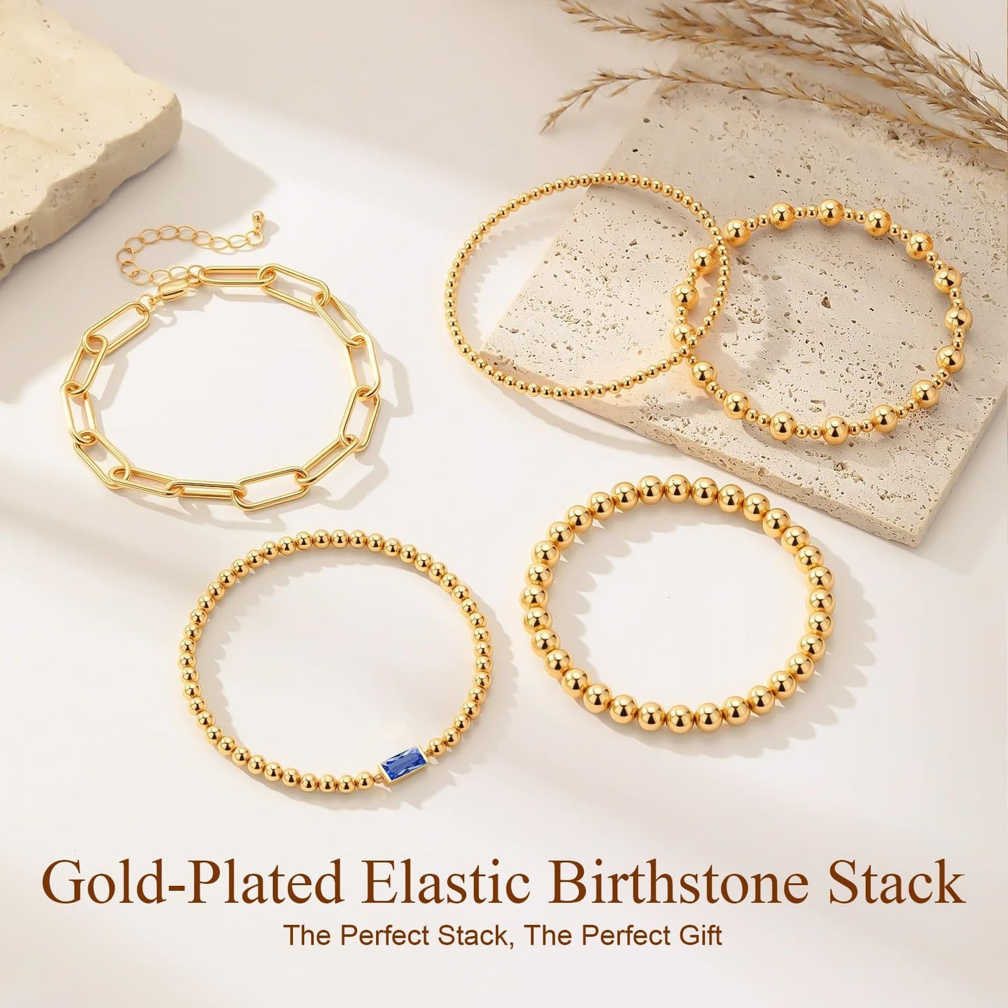 5 PCS Gold Bracelets for Women, Dainty Birthstone Bracelet 14K Gold Plated Stackable Paperclip Cuban Link Chain Bead Bracelets, Fashion Trendy Jewelry Sets Birthday Gifts