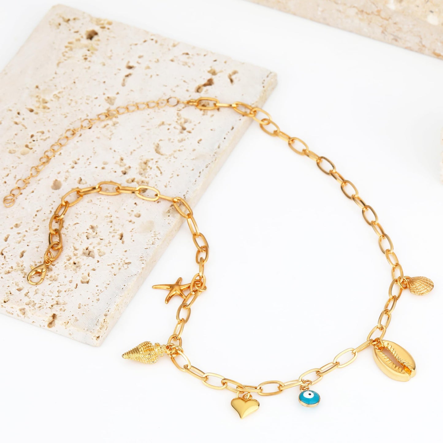 MISS RIGHT Charm Necklace for Women, Dainty Gold Evil Eye Ojo Heart Starfish Seashell Shell Charms Pendant Necklace Paperclip Chain Summer Beach Choker Necklace Jewelry Gifts