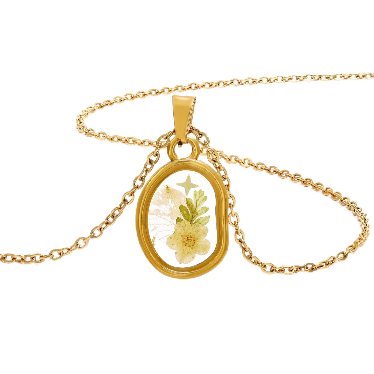 LETFLY Birth Flower Necklaces for Women, 18K Gold Plated Oval Shaped Handmade Floral Pendant, Pressed Flower Necklace Jewelry Gifts Love