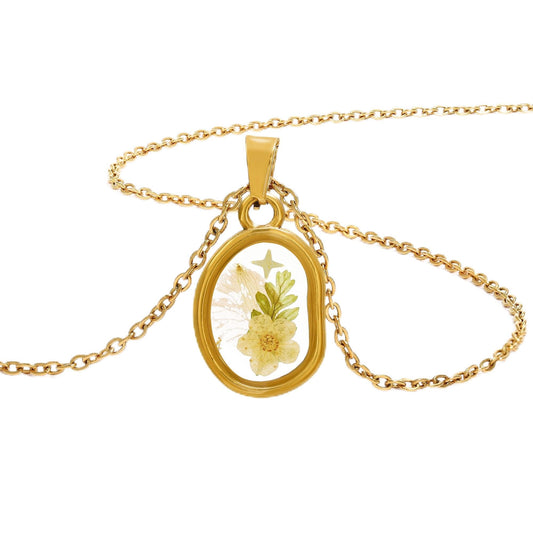 LETFLY Birth Flower Necklaces for Women, 18K Gold Plated Oval Shaped Handmade Floral Pendant, Pressed Flower Necklace Jewelry Gifts Love