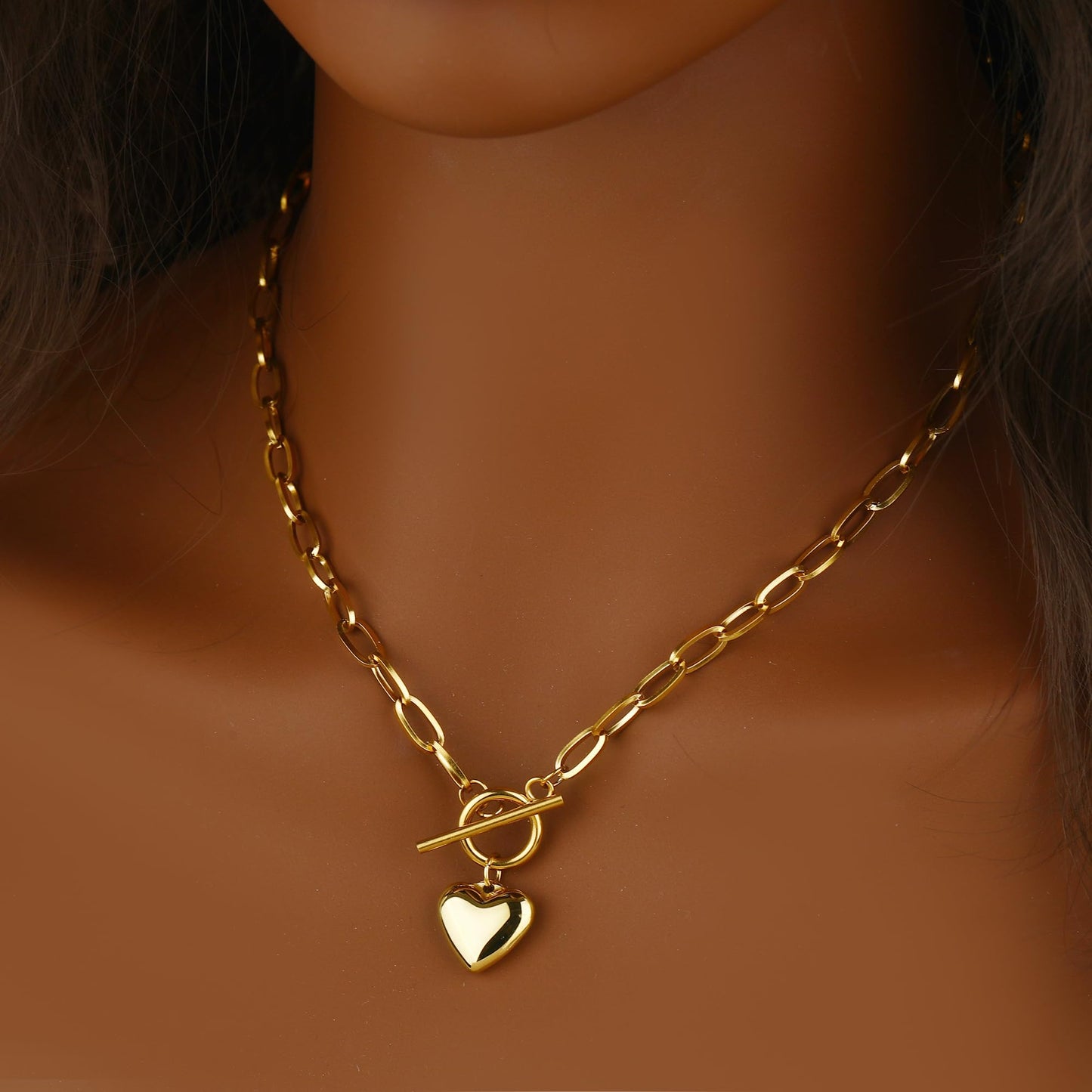 BONJOULRY Chunky Gold Necklace for Women, 18K Waterproof Heart Necklace Statement Necklace Gold Charm Necklace Chunky Jewelry Paperclip Chain Choker Gift for Women (OT Chain Heart)