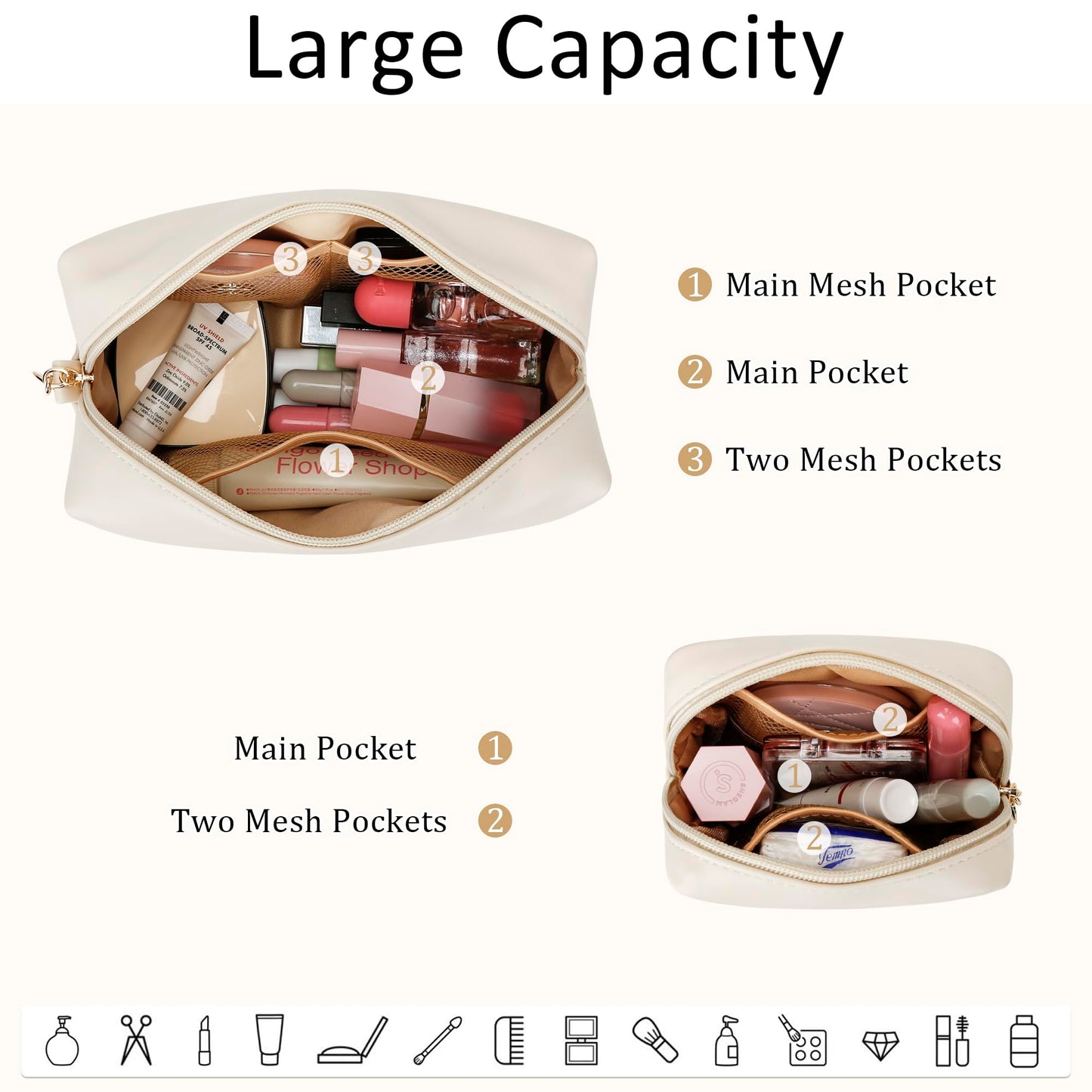 CLOUDWINGS Personalized Birthday Gifts for Women - Initial Makeup Bag Set Travel Toiletry Bag Cosmetic Bags Soft Waterproof PU Leather Makeup Pouch Travel Essentials (R, 2pcs Beige)