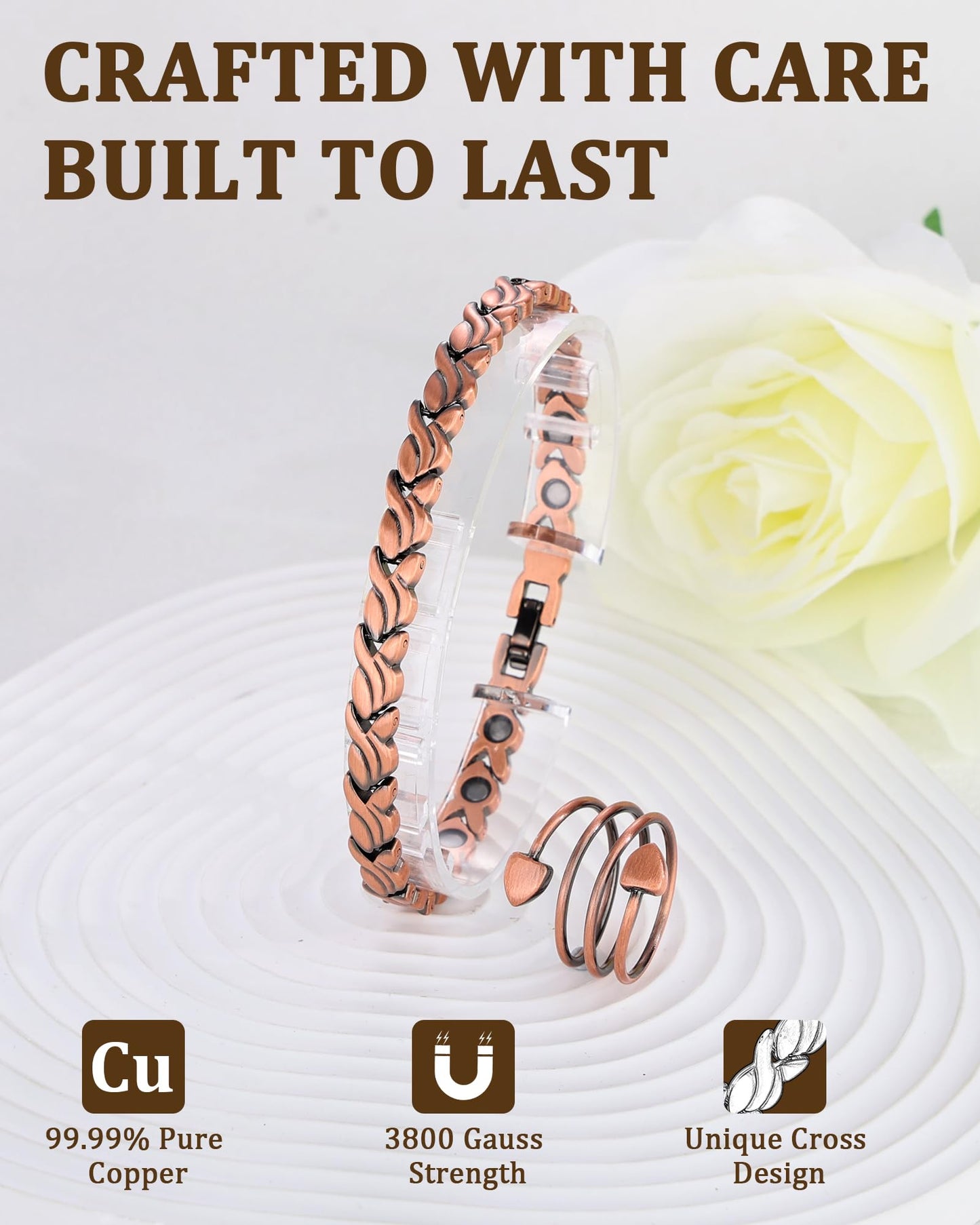 Fashtour 99.99% Pure Copper Magnetic Bracelet and Ring Set for Women, Heart Wire Design Adjustable Jewelry with 3800 Gauss Magnets, Elegant Gift Box (vintage)