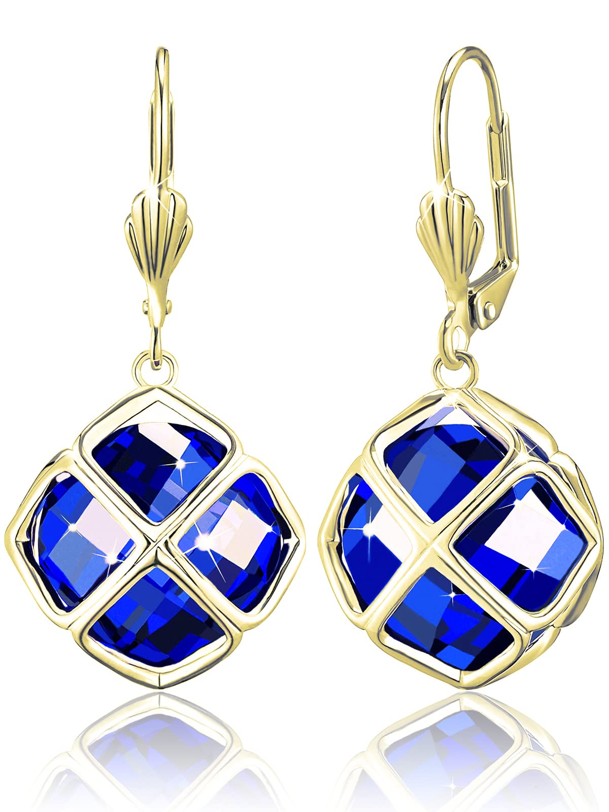 Big Dark Blue Crystal Dangle Earrings for Women (Sept-Sapphire-14K Gold)