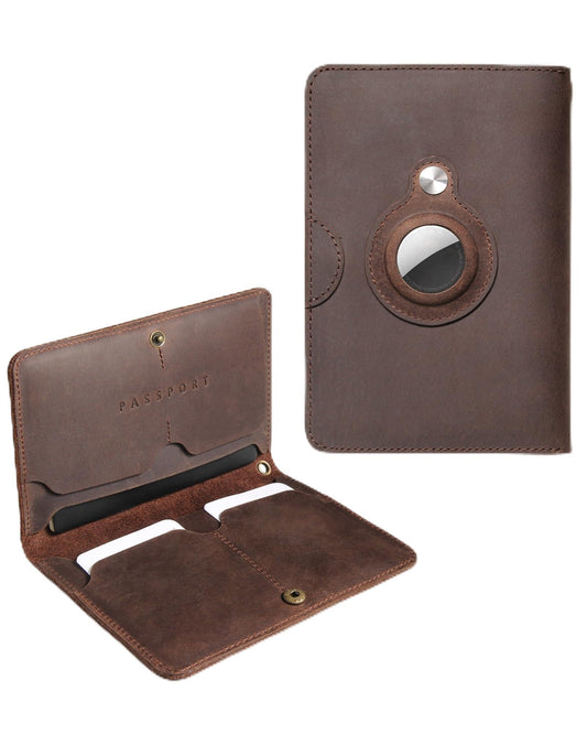 XGUO RFID Blocking Leather Passport Holder for Travel with AirTag Slot, Slim Passport Cover Travel Wallet for Women Men, Travel Must Haves Gifts (Dark Brown)