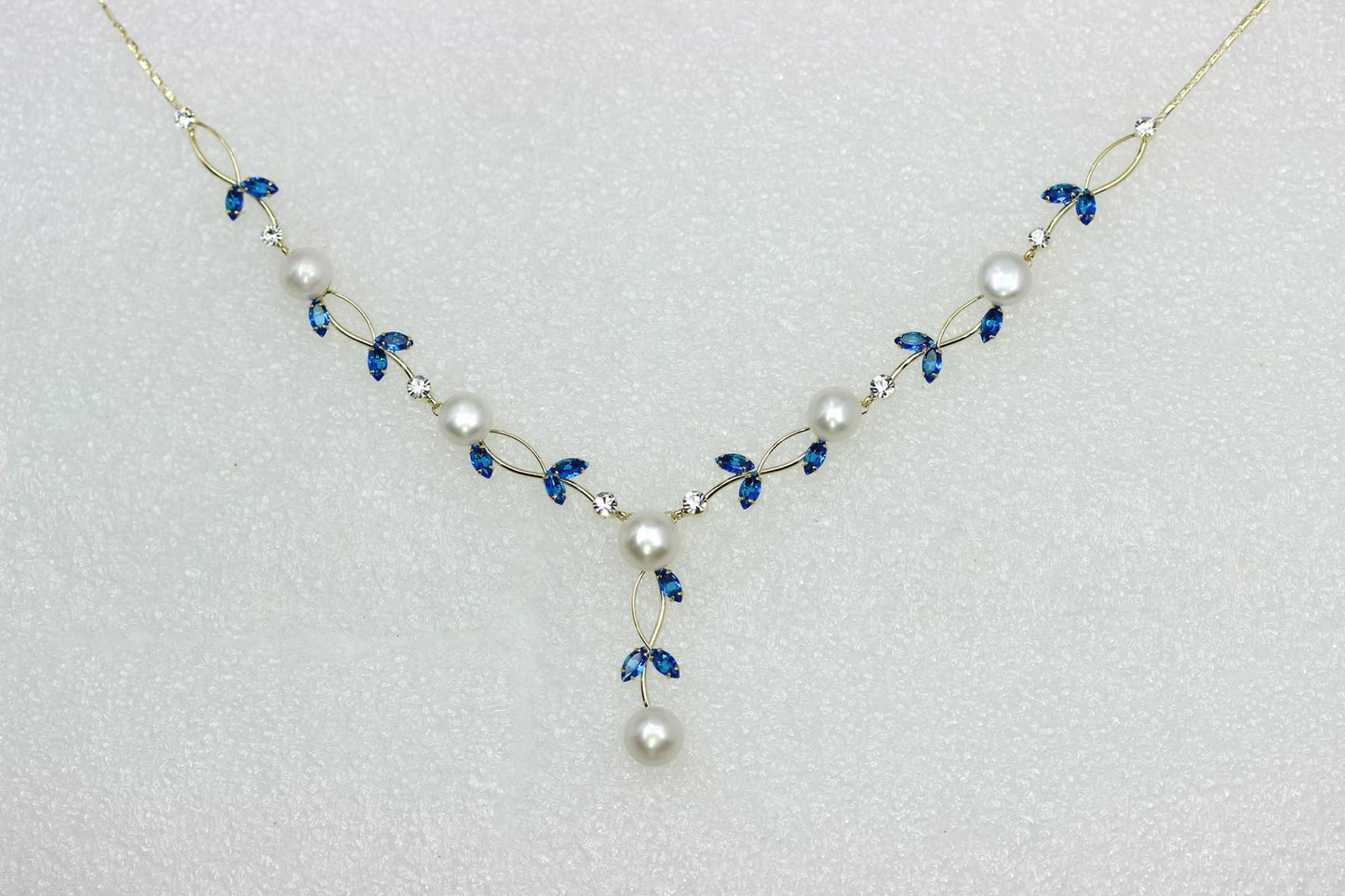 Faship Gorgeous Blue CZ Crystal Genuine Freshwater Pearls Floral Necklace Earrings Set - Blue/Gold Plated
