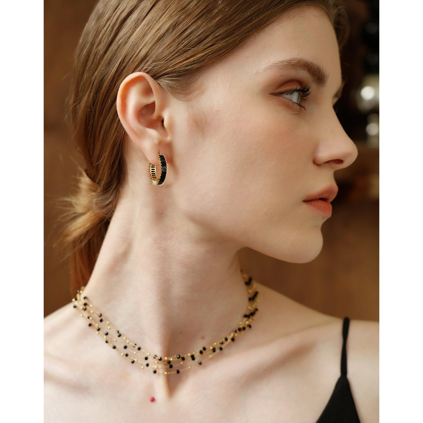 GLOQUAT CZ Gold Plated Black Hoop Earrings 14K Gold Plated Hoop Earrings for Women Vintage Black Cubic Zirconia Earring Fashion Round Circle Hoops for Women 25mm