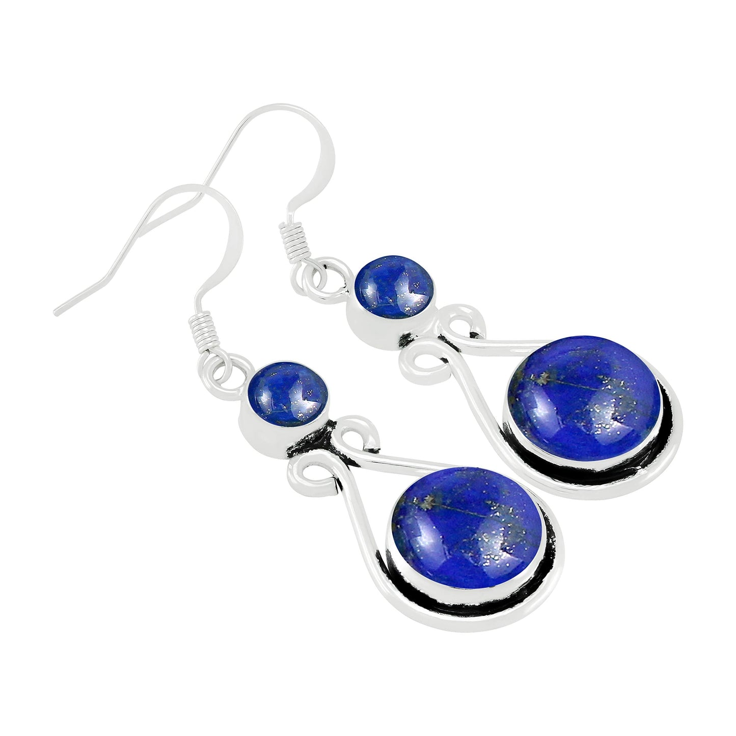 Natural Lapis Lazuli Silver Plated Dangle Earrings for Women - September Birthstone Round Gemstones Drop Earrings Handmade Jewelry - New Year Gift for Her