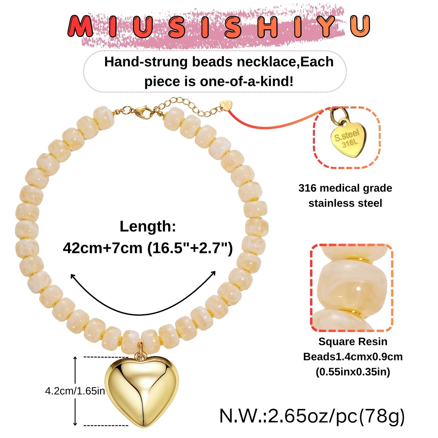 MIUSISHIYU Honey Yellow Faux Agate Resin Chunky Necklaces for Women, Trendy Beaded Puffy Gold Heart Pendant Statement Choker, Lightweight Boho Y2K Summer Beach Jewelry