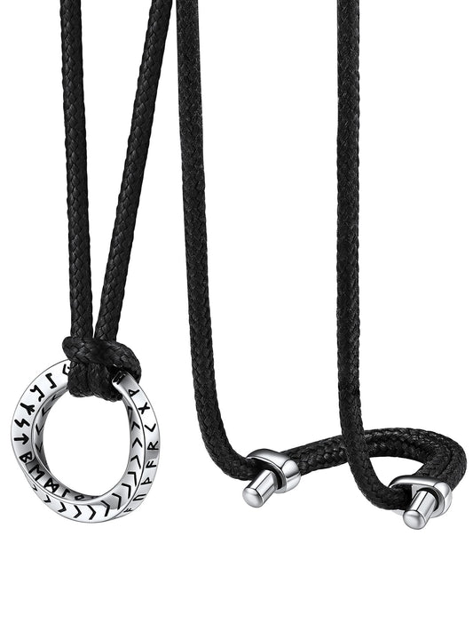 ChainsHouse Viking Runes Mobius Ring Necklace for Men, Stainless Steel Norse Rune Pendant with Adjustable Black Leather Wax Rope Chain 16-32 Inch Nordic Amulet Jewelry