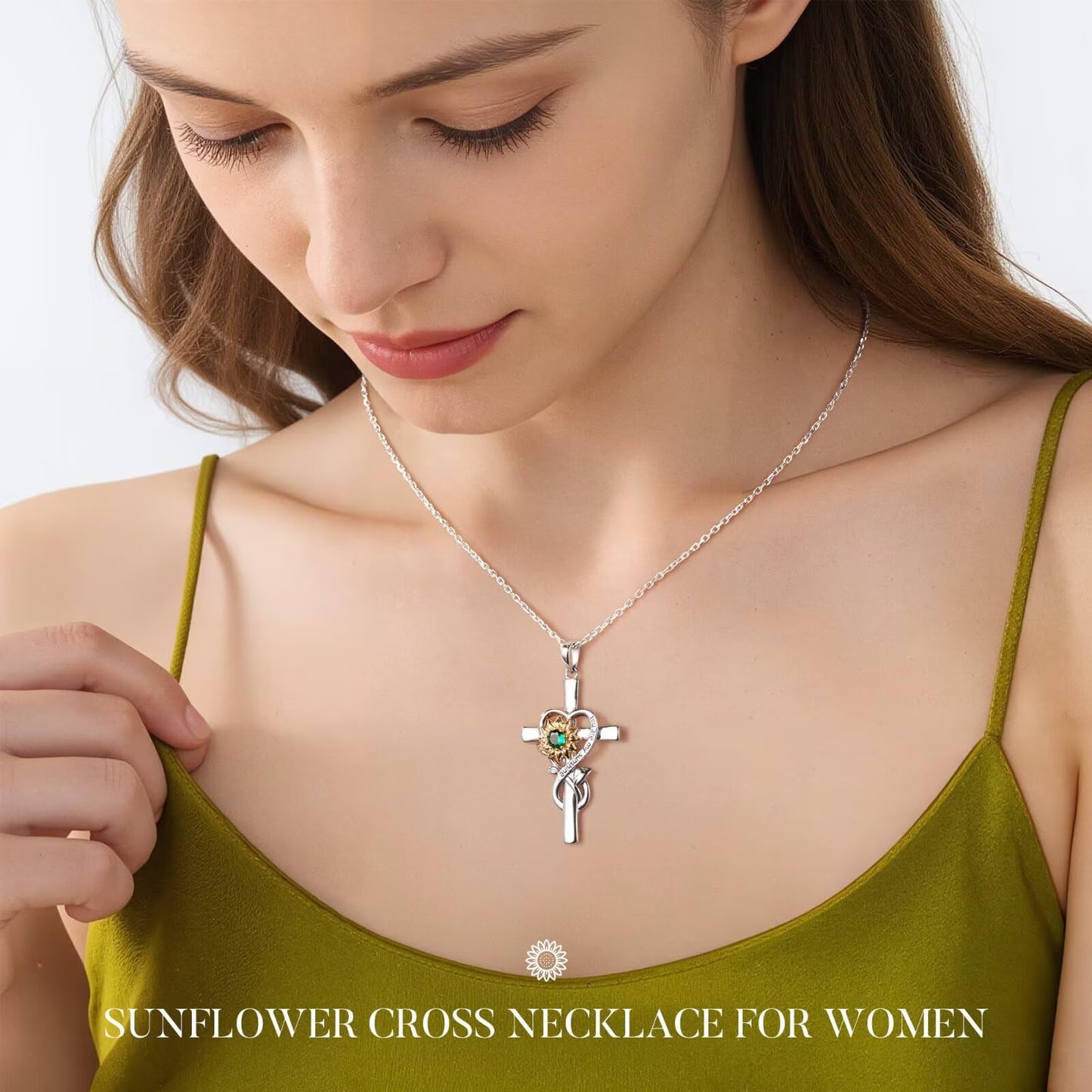 Iefil Mothers Day Gifts for Mom - First Time Mom Gifts | Sunflower Birthstone Necklaces, Simulated Emerald Cross Necklace for Women
