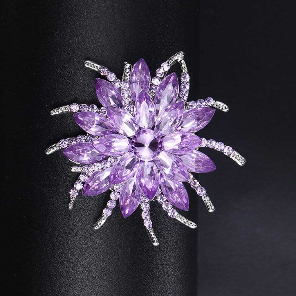 Rhinestone Large Flower Brooches Pins for Women Fashion Sparkly Crystal Sunflower Statement Brooch Unique Wedding Party Suit Dress Jewelry Accessories (Purple2)