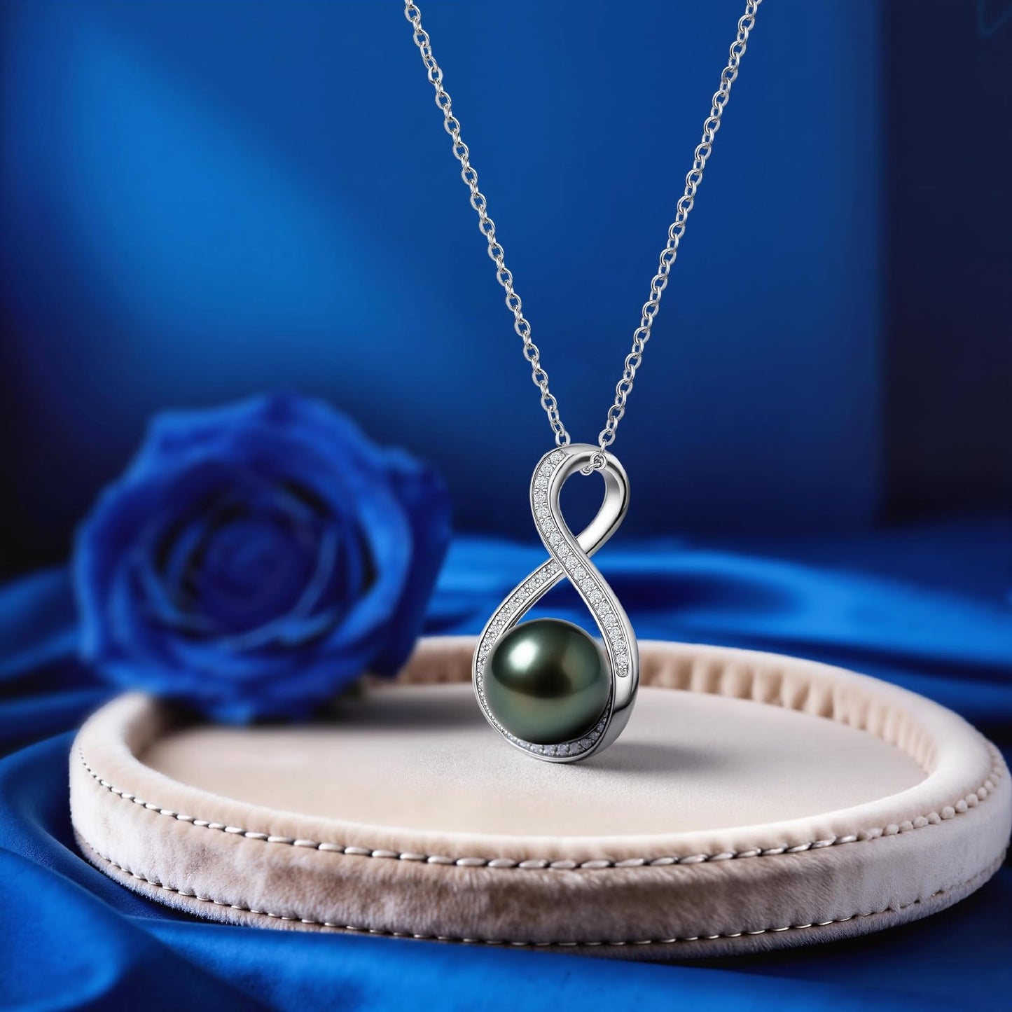 Genuine Tahitian Black Pearl Necklace - Christmas Gift for Wife Mom Daughter, Jewelry Gifts for Anniversary Wedding Birthday, 10-11mm Seawater Pearl with Sterling Silver Infinity Moissanite Pendant