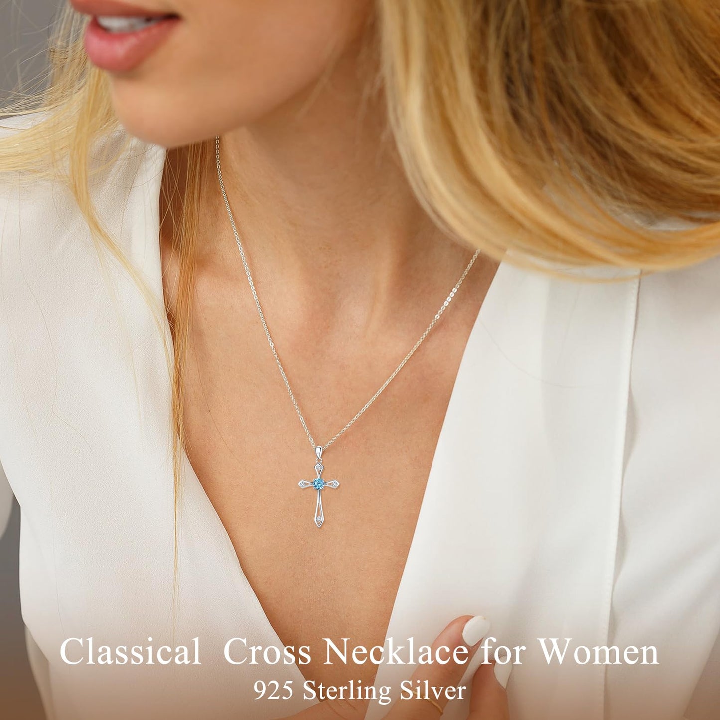 Cross Necklace for Women ,925 Sterling Silver Birthstone Necklace,Aquamarine-March Birthstone Cross pendant jewelry,Faith Religious Fine Jewelry Valentines Day Gifts Birthday Holiday Gifts for Her