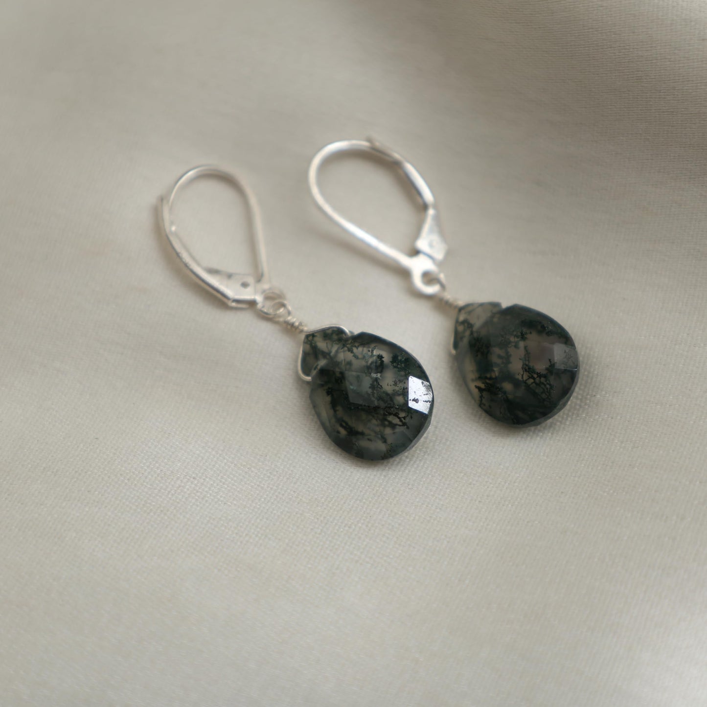 GEMINSPIRE Moss Agate Pear Shape Tear Drop Earrings Suspended with Sterling Silver Lever Back Hoop, Elegant Handmade Jewelry Gifts for Women