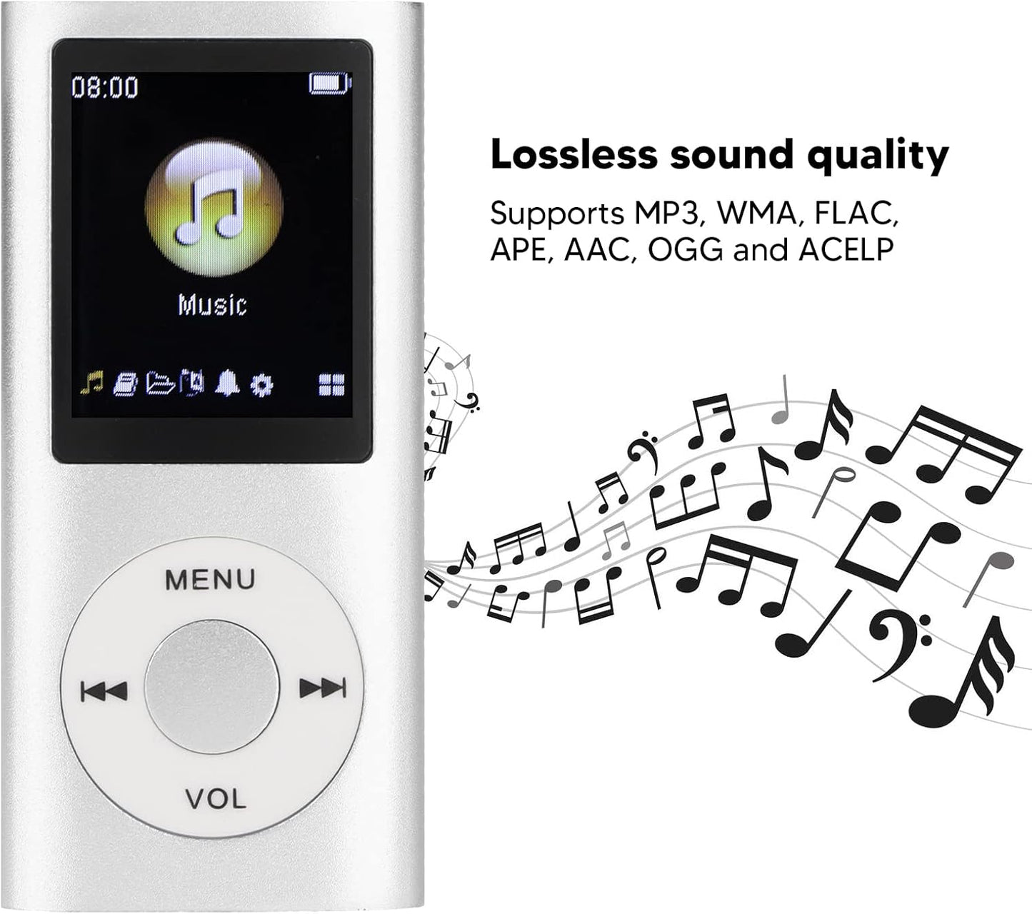 Akozon MP3 Player,MP3 1.8 Inch MP3 Player Stylish Multifunctional Lossless Sound Slim LCD Screen Portable Player