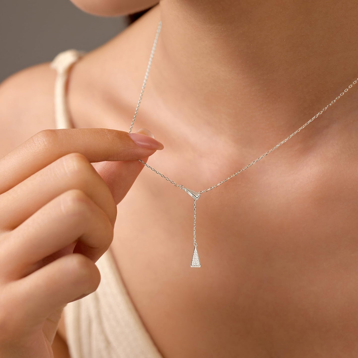 UTISUVIKO Triangle Necklace for Women, 925 Sterling Silver Dainty Geometric Shapes Necklace Triangle Cubic Zirconia Pendant Y shaped Drop Necklace Aesthetic Simple Mother's Day for Her