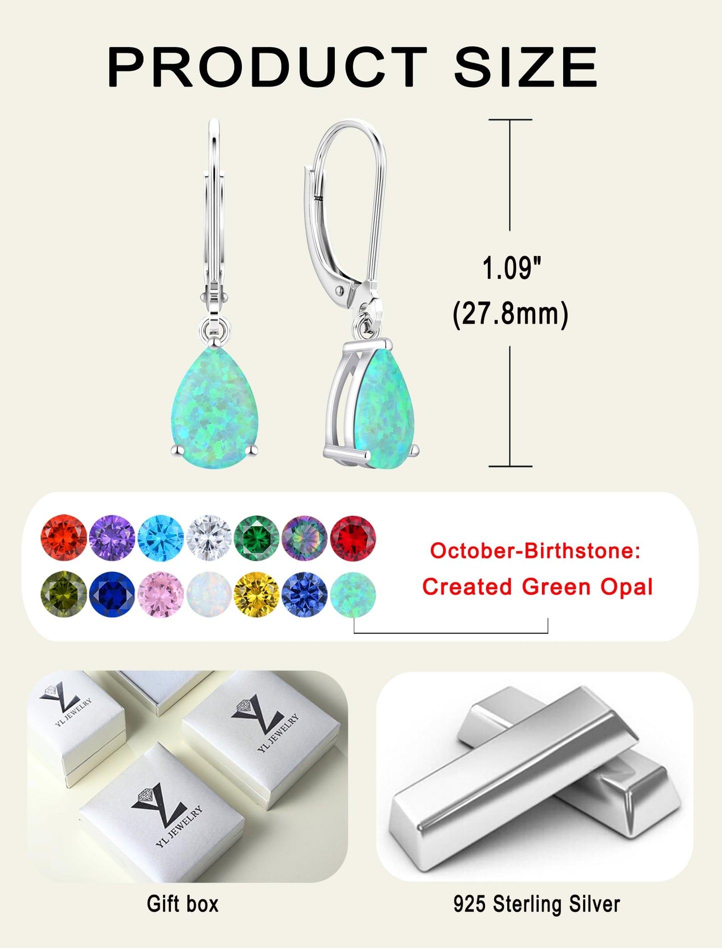 YL 925 Sterling Silver Teardrop Dangle Drop Earrings for Women 7x10 MM Solitaire Green Created Opal Leverback Jewelry