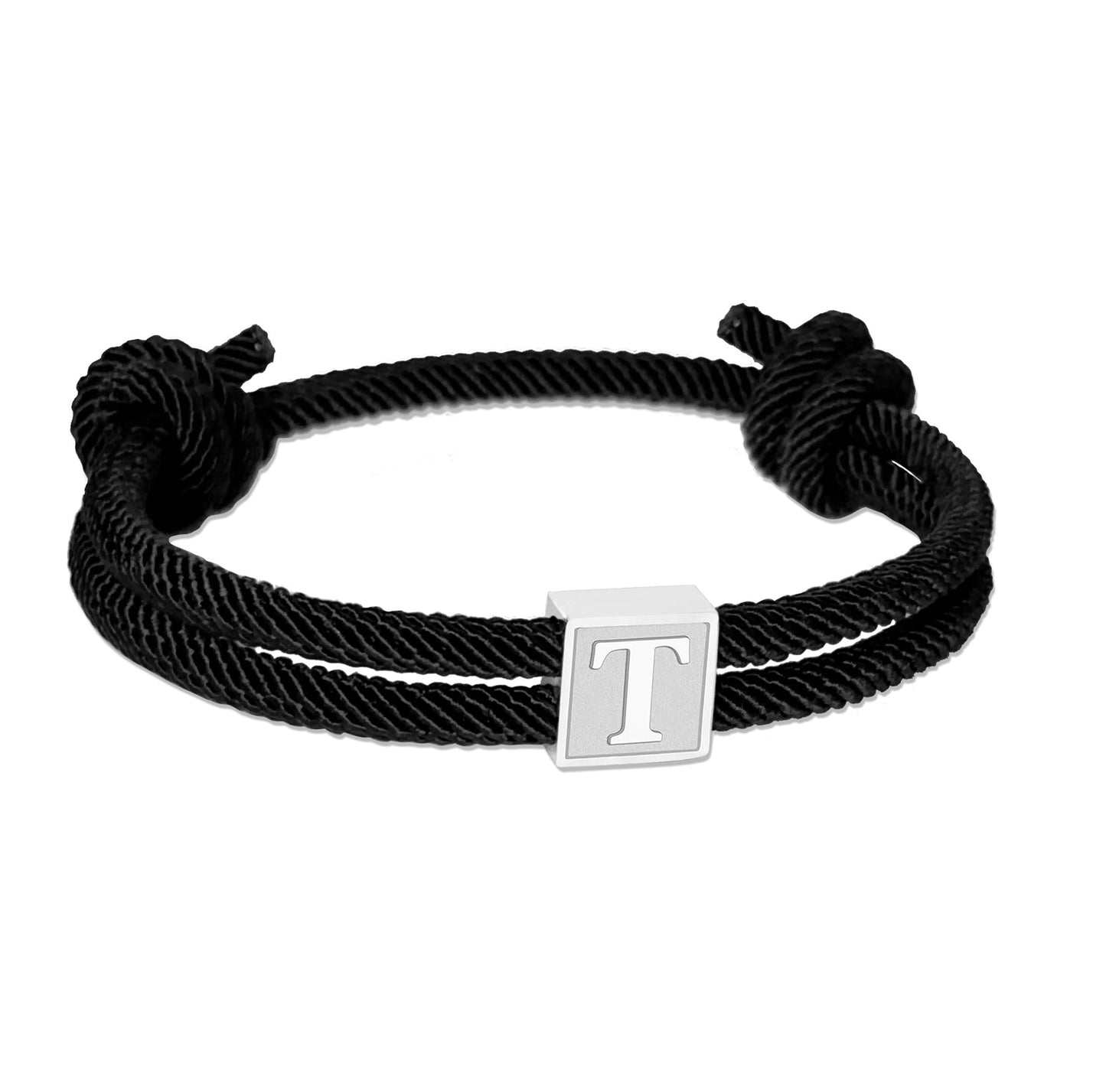 BHDJSHX Personalized Stainless Steel Initial Charm Bracelet for Men - Adjustable Black Braided Cord with A-Z Letter Charm (7-13 Inches) - Unisex Jewelry for Brothers, Son, Boyfriend, or Girlfriend(T)