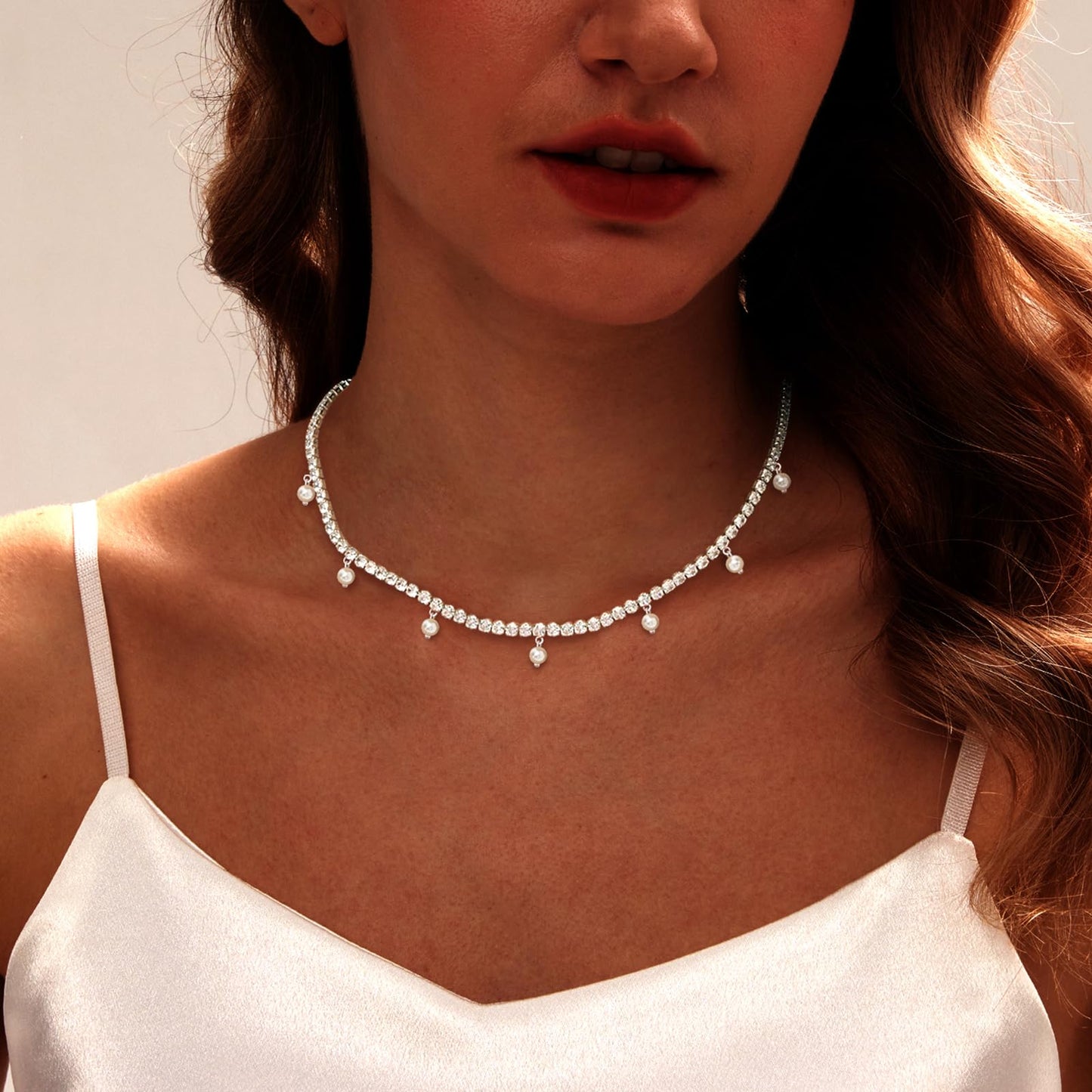 LULII Tennis Necklaces for Women Silver Rhinestone Choker Pearl Charm Necklace Dainty Cubic Zirconia Diamond Chain for Women Silver Jewelry Gift