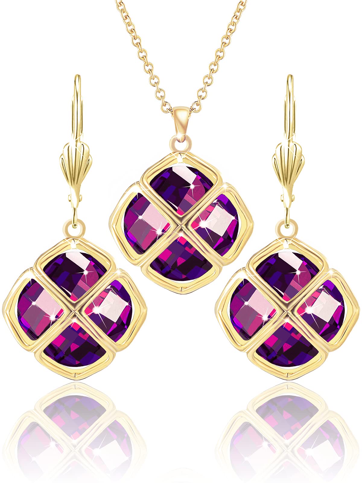 Qinpan 14MM Crystal Pendant Drop Dangle Necklace Earrings Set for Women Glod Plated Costume Jewelry Sets, 38*17.8mm, Yellow Gold, Amethyst