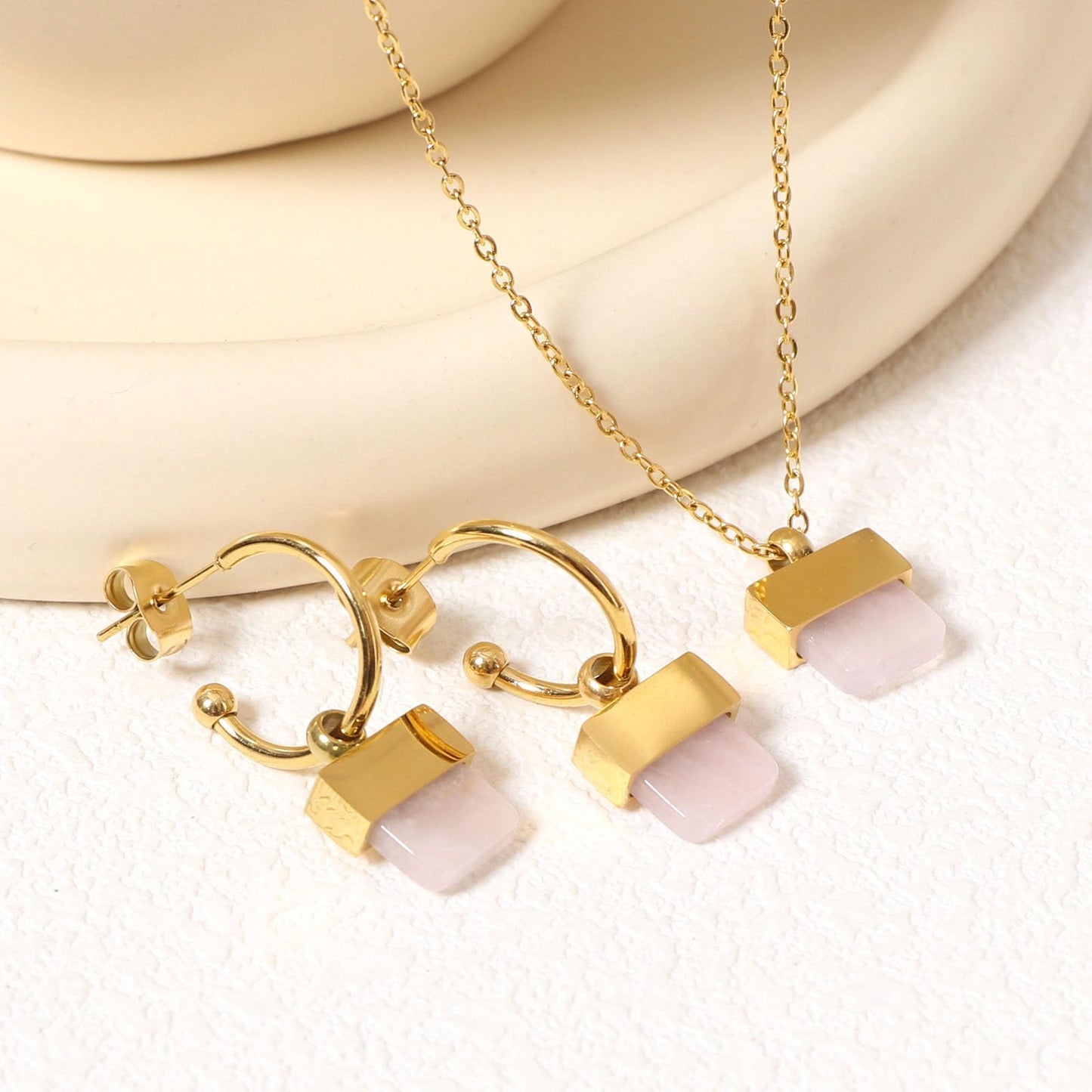 TaYolnFaSo Natural Rose Quartz Necklace and Earrings Set for Women 18K Gold Plated Rose Quartz Jewelry Set Square Gemstone Jewelry Gift