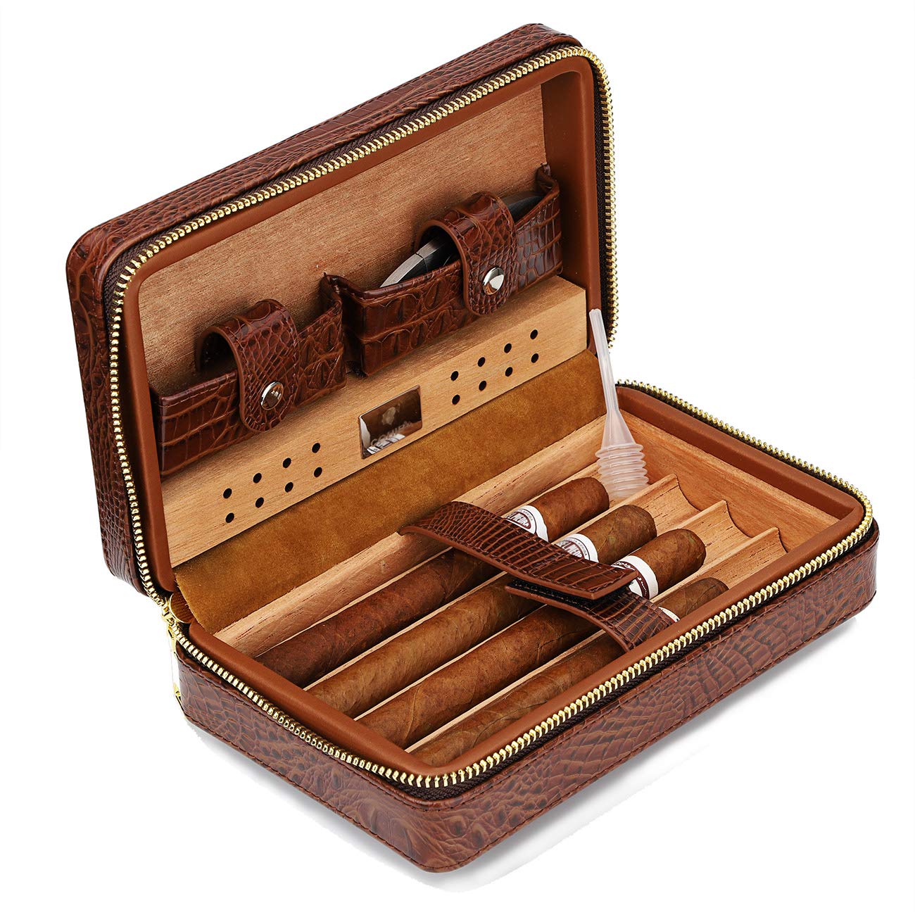 TIME C Club 4-Finger Portable Travel Crocodile Skin-Style Burgundy Leather Cigar Case, Cigar Humidor, Cigar Cutter and Humidifier, Father's Day, Birthday Gift