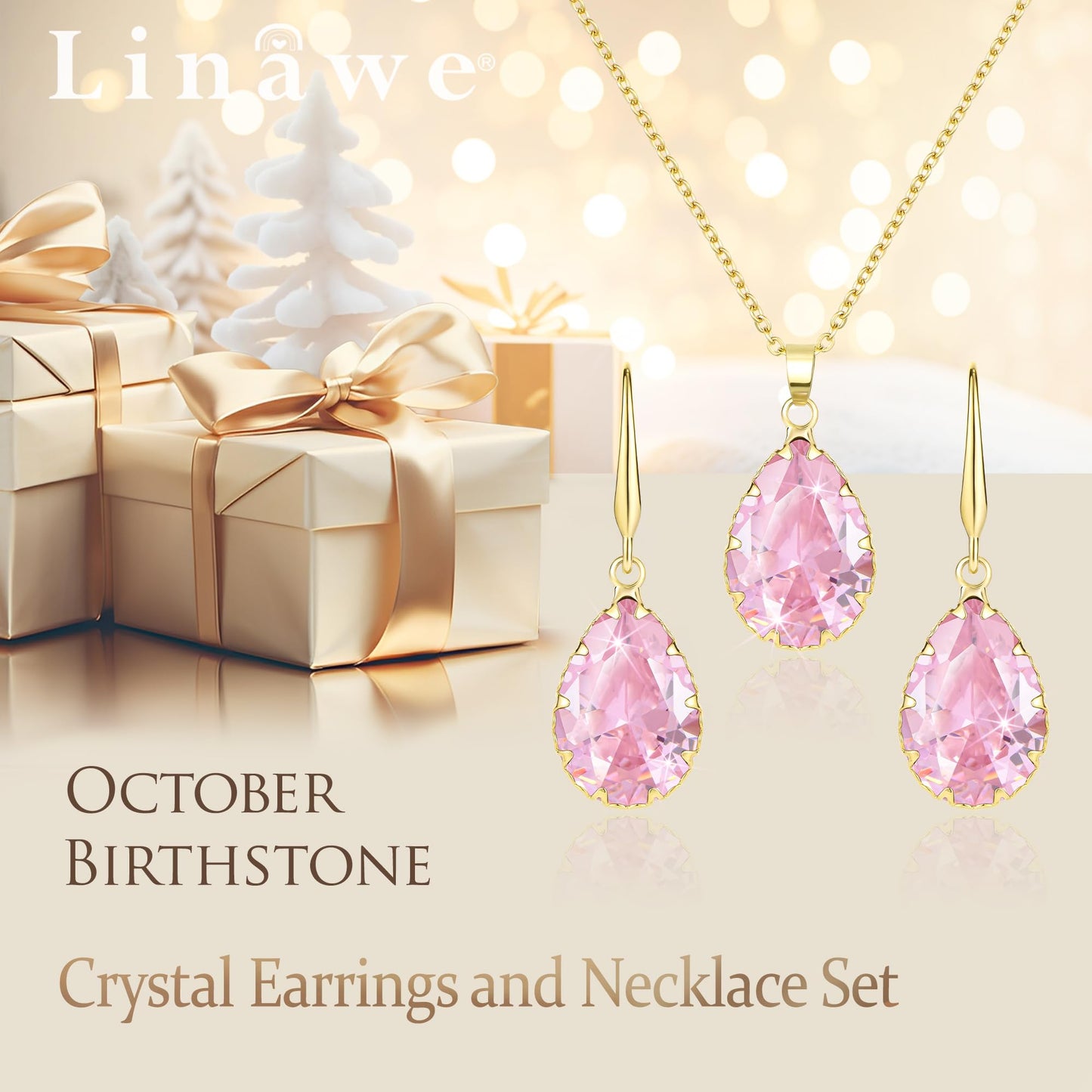 Linawe Pink Jewelry Sets for Women Wedding, Crystal Pendant Necklace Set Pink Earrings Dangling Imitation Diamond Rhinestone Cubic Zirconia Birthstone Dangle Gold Matching