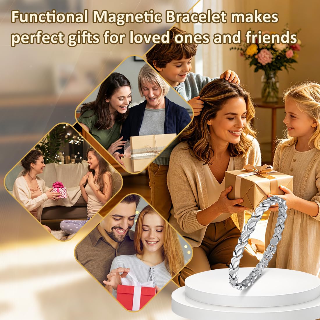 Vicmag Magnetic Bracelet for Women, Titanium Steel Bracelet with Ultra Strength Magnets, Waterproof & Adjustable, Jewelry Gift with Sizing Tool(Silver Fishtail)