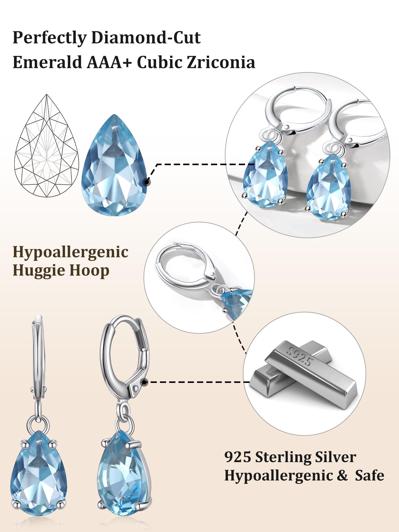 Bestyle Silver March Birthstone Dangle Earrings - Created Teardrop Aquamarine Crystal Drop Blue Earrings - Trendy Cute Women's Small Hoop CZ Dangle Earrings for Party Gowns