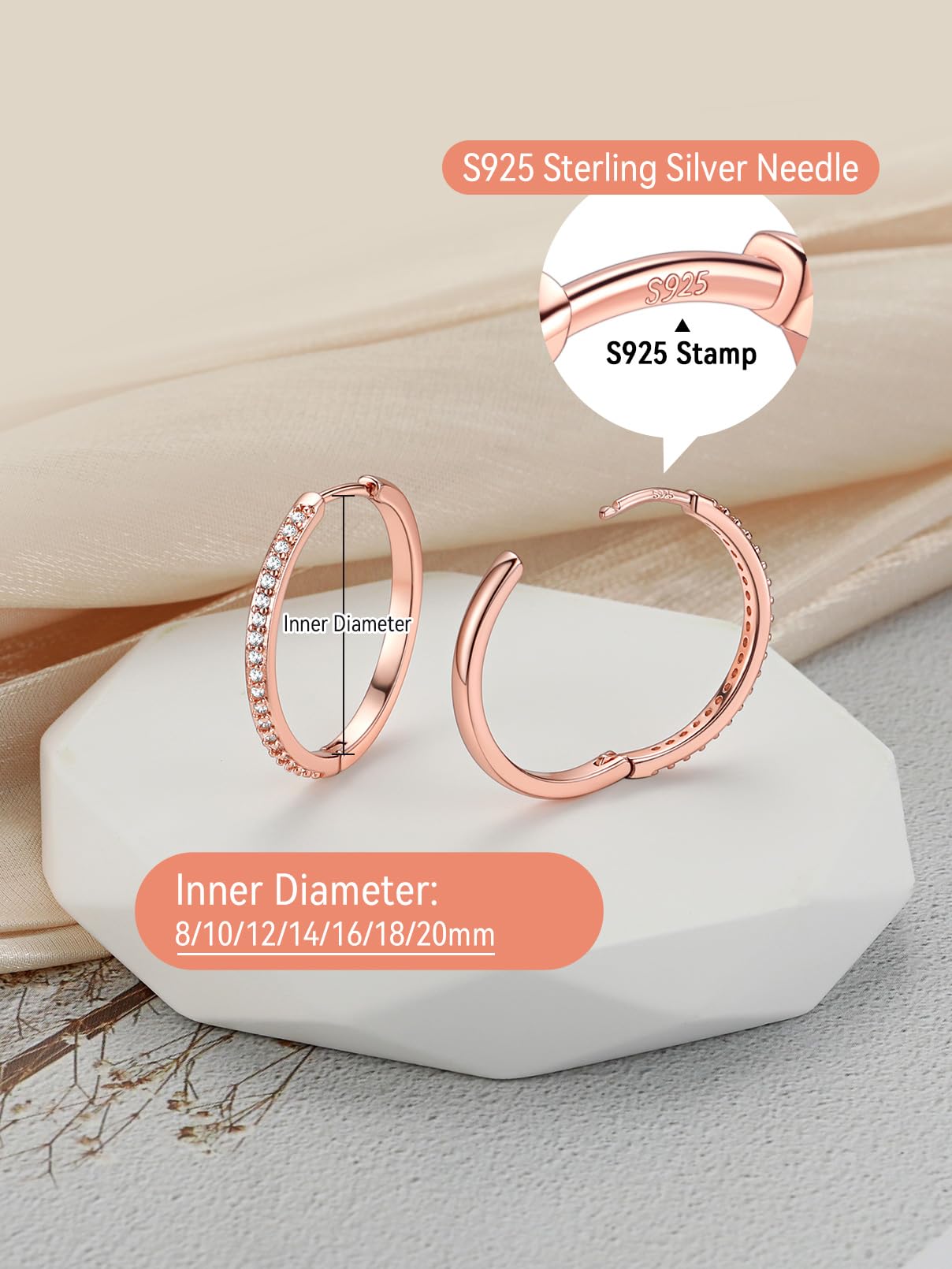 FaithHeart Cubic Zirconia Hoop Earrings for Women, Rose Gold Hypoallergenic Huggie Hoop Earrings, Small Cartilage Earrings for Women 16mm, Send Gift Box