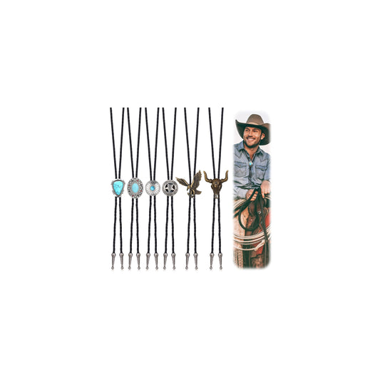 Subiceto Bolo Tie for Men Western Cowboy Necklace - Handmade Vintage Leather Necktie with Created-Turquoise & Tiger Eye Bolo Ties Costume Accessories for Men Women 6Pcs A