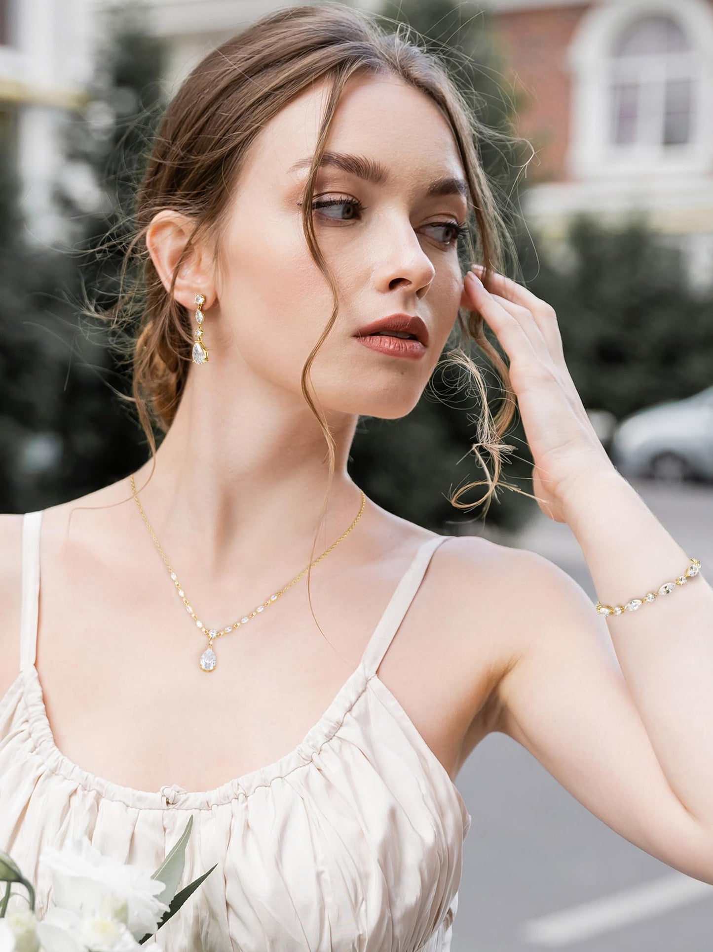 SWEETV Gold Bridal Jewelry Set for Wedding, Cubic Zirconia Necklace Dangle Drop Earrings Bracelet Set, Teardrop Marquise Brides Bridesmaids Wedding Prom Anniversary Jewelry Gifts for Women
