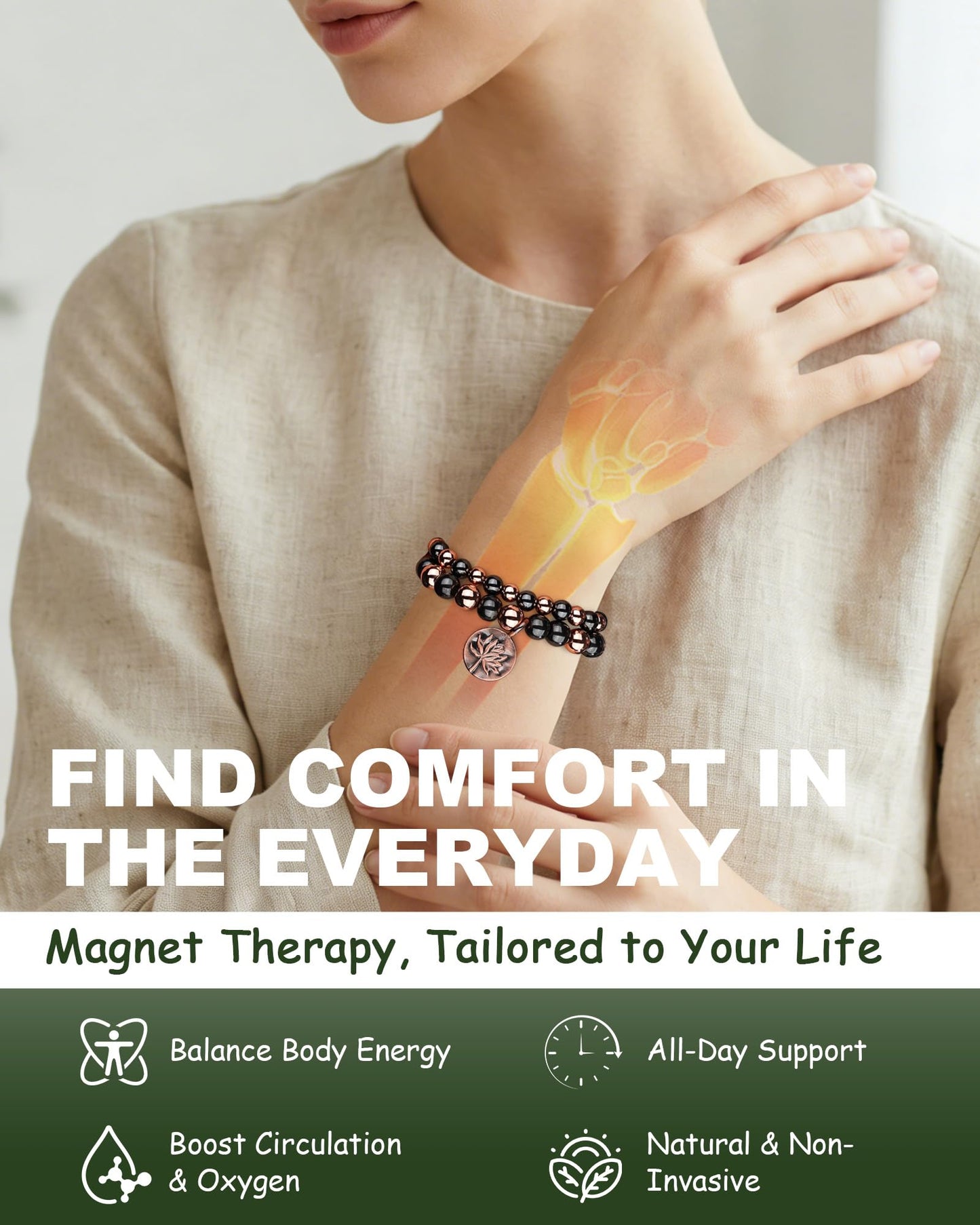 MagEnergy 2Pcs Copper Bracelet for Women & Men, 3800 Gauss Magnetic Bracelet, Lotus Copper Hematite Jewelry Gifts, Stretch Hematite Bead Braclets Pulseras Para Mujer