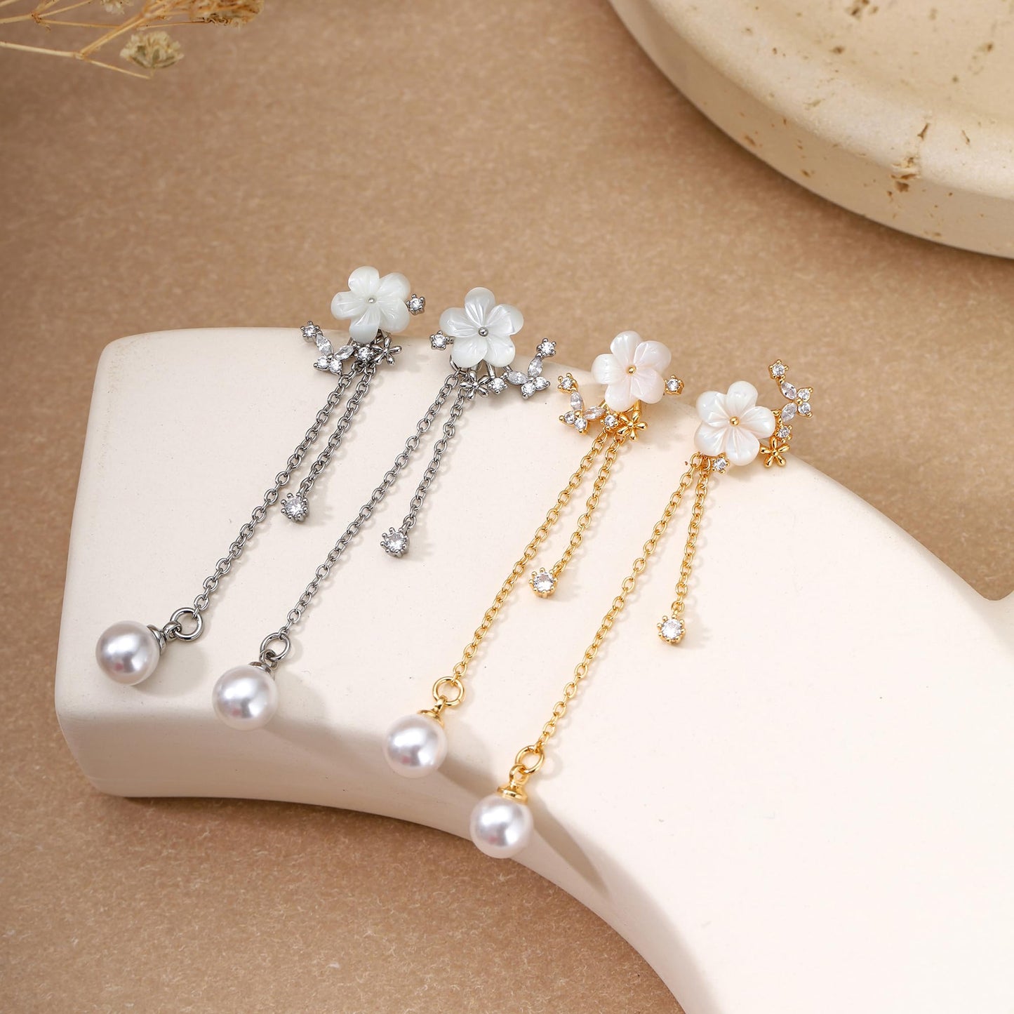 Pearl Earrings for Women Dainty Diamond Pearl Drop Earrings 14k Gold Plated Dangle Earrings for Women Weddings Gifts Bridesmaid Gifts