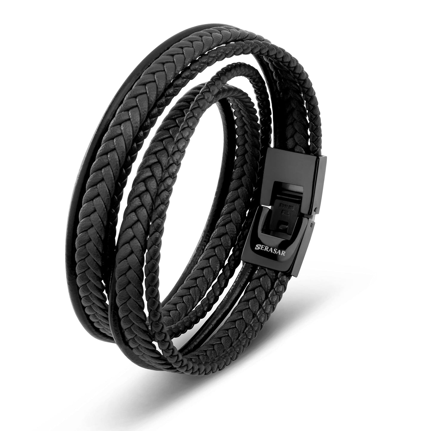 SERASAR 46cm Pulseras para Hombres Black Leather Bracelets for Men Brown Cowhide Gift Box Braided Bracelet Stainless Steel Jewelry Wrist Band Chain Rope Bangle regalo