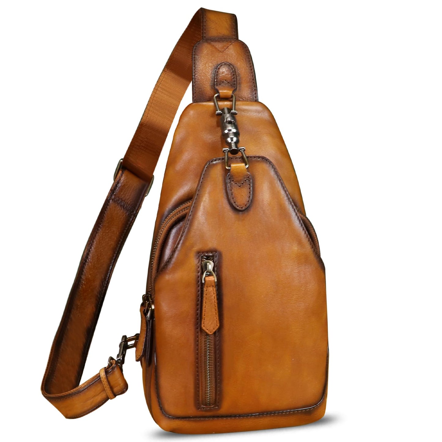 LRTO Genuine Leather Sling Bag Crossbody Purse Motorcycle Bag Handmade Hiking Daypack Retro Shoulder Backpack Vintage Chest Bag (Brown)