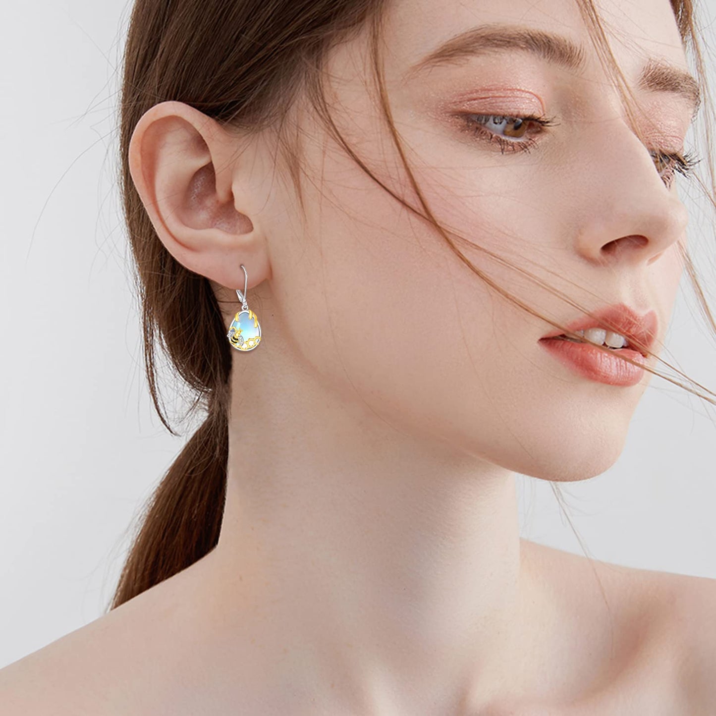 YFN Honeycomb Bee Moonstone Earrings 925 Sterling Silver Teardrop Dangle Hypoallergenic Leverback Earring for Women