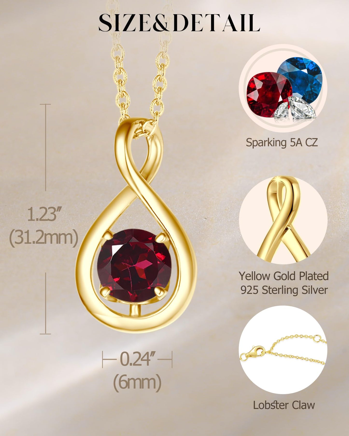 FANCIME Garnet Necklace January Birthstone for Women Yellow Gold Plated Sterling Silver Infinity Pendant Necklace Red Gemstone Fine Jewelry Birthday Graduation Mothers Day Gifts for Mom Her