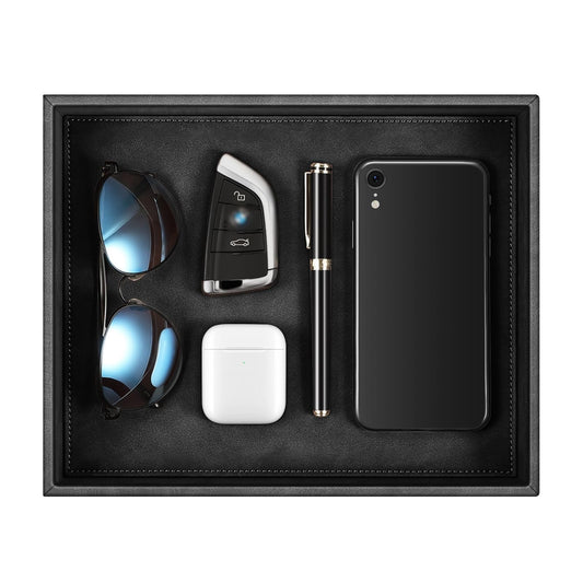 SITHON Valet Tray Desk Organizer, PU Leather Catchall Bedside Vanity Tray Nightstand Caddy Coin Box Key Jewelry Storage Organizer, Graduation, Black