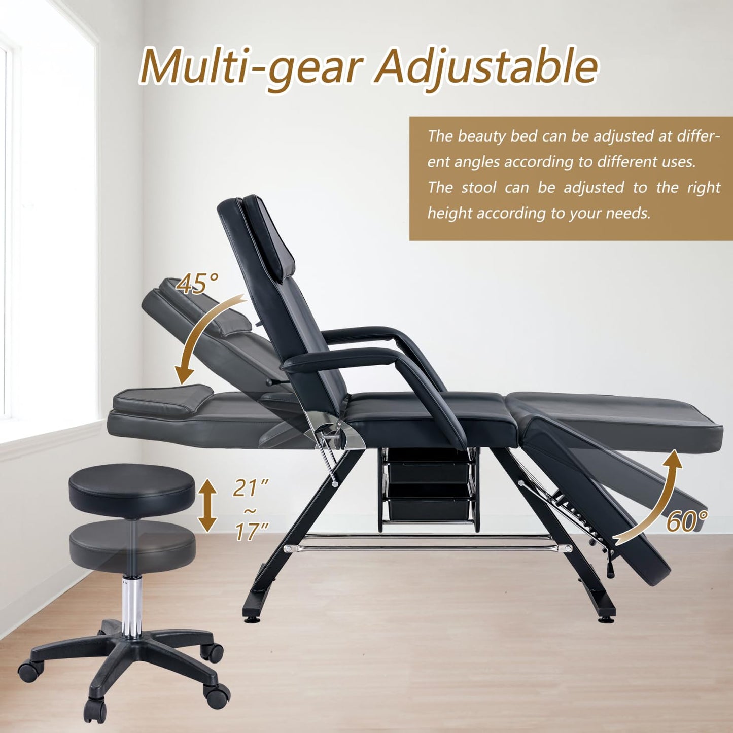 Massage Salon Tattoo Chair with Two Trays Esthetician Bed Hydraulic Stool Multi-Purpose 3-Section Facial Bed Table Adjustable Beauty Barber Spa Equipment Black