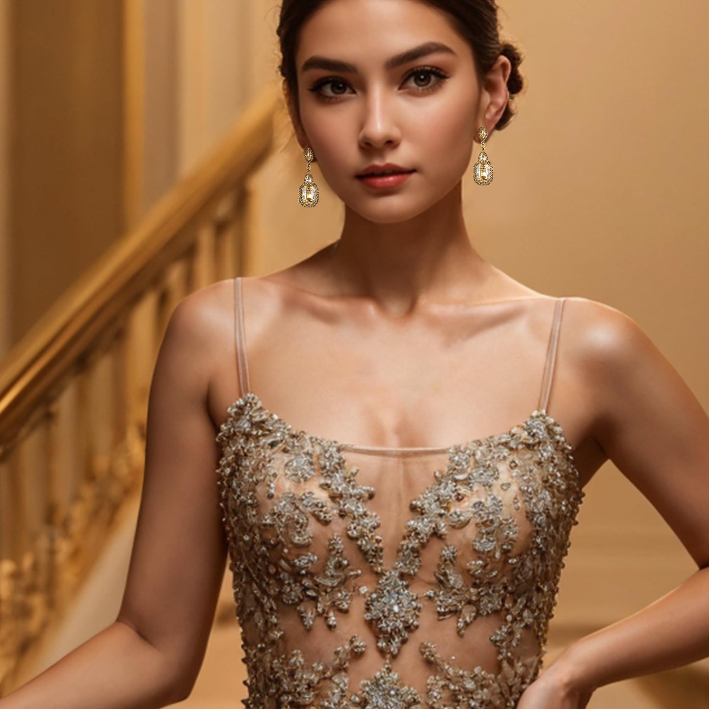 BriLove Large Long Women's Wedding Dangle Earrings Emerald Cut Crystal Infinity Figure 8 Statement Chandelier Earring for Prom Champagne