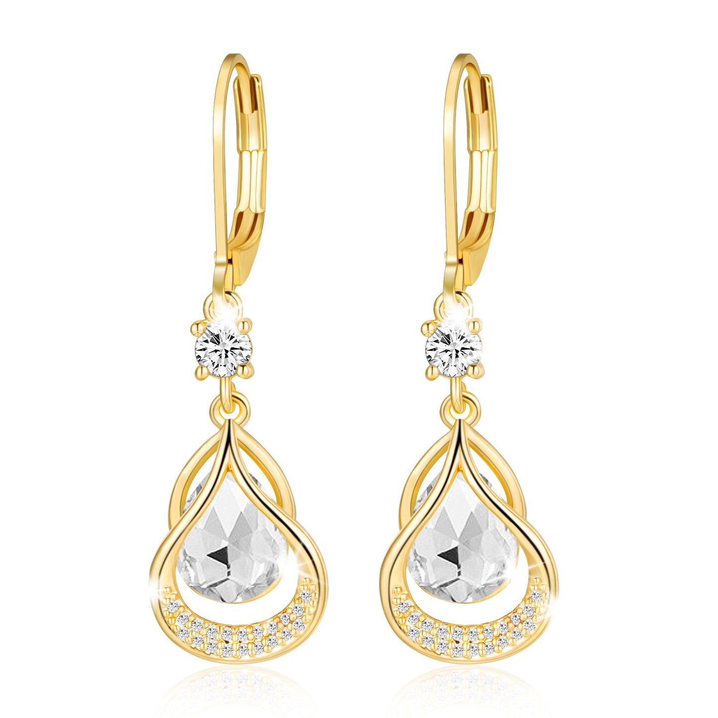 Dangle Trendy Leverback Birthstone Earrings 14K Gold Plated Teardrop Dangle Earrings Jewelry Christmas Birthday Gifts for Women (Gold April)
