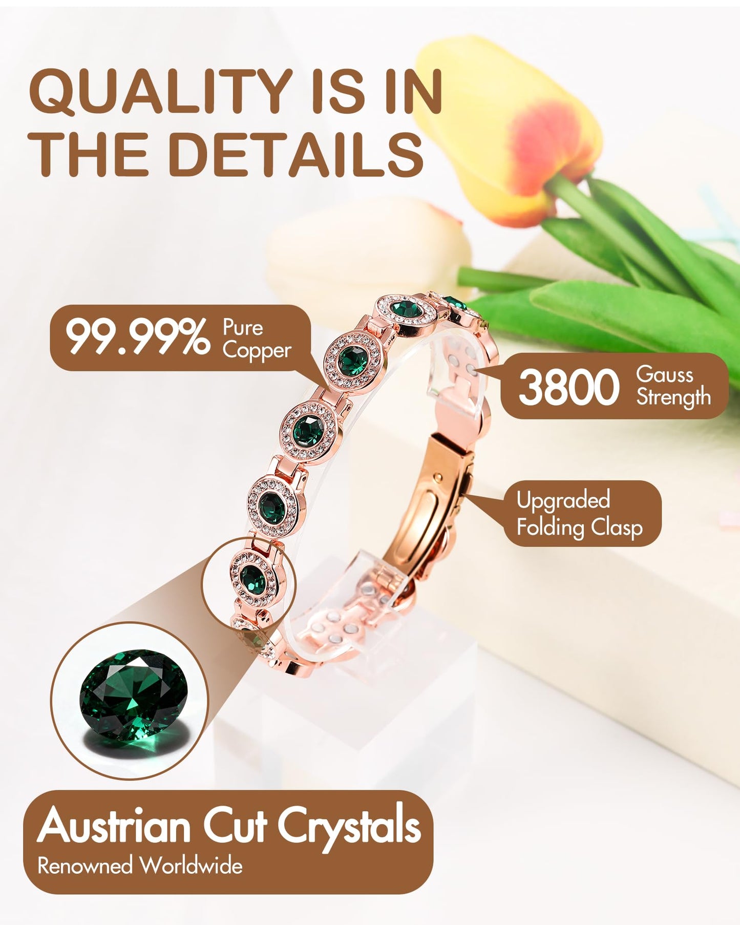Feraco Pure Copper Bracelets for Women, 4X Ultra Strength Magnetic Bracelet with 3800 Gauss Neodymium Magnets & Sparkling Austrian Cut Emerald Crystals, Adjustable Jewelry Gift