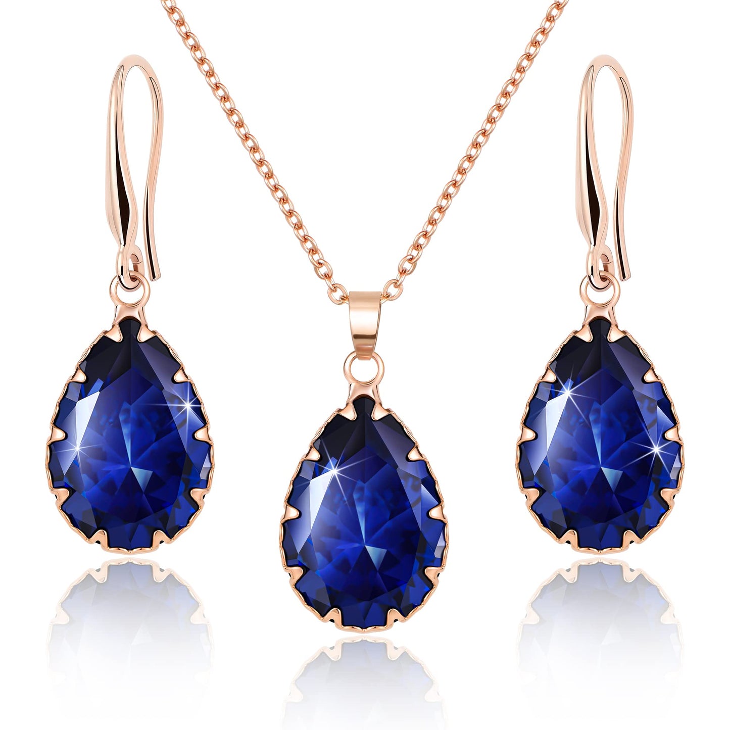 Linawe Sapphire Crystal Boho Jewelry Sets for Women, Navy Blue Earring Set Rose Gold Pendant Necklace Imitation Diamond Rhinestone Matching Cubic Zirconia Birthstone Teardrop